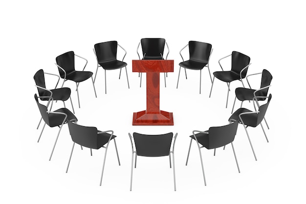 Schwarze Bürostühle um rote hölzerne Rede-Tribüne auf einem weißen Hintergrund. 3D-Rendering