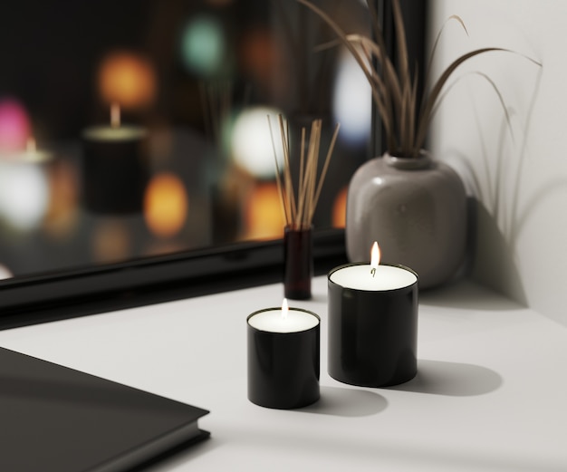 Schwarze Duftkerze mit Aroma-Schilf-Diffusor und Vase mit verwischten Nachtstadtlichtern auf Tisch, aromatischen Hauptkerzen, Aromatherapie, 3D-Darstellung