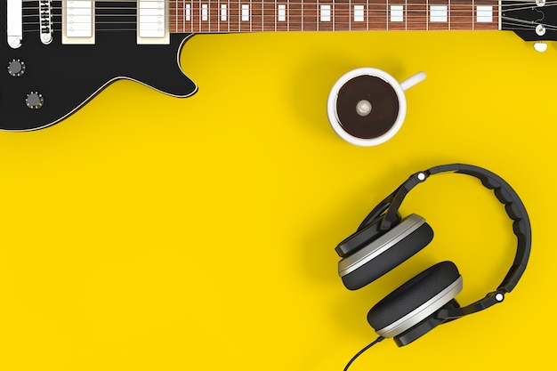 Schwarze E-Gitarre mit Kopfhörern und Kaffeetasse auf gelbem Grund. 3D-Rendering