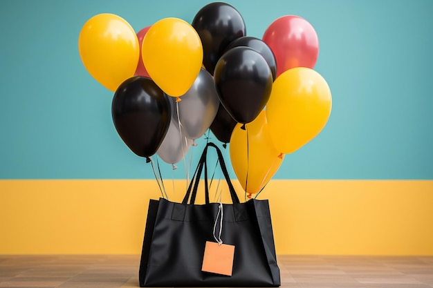 Schwarze Einkaufstasche gepaart mit einer Reihe lebendiger schwebender Luftballons