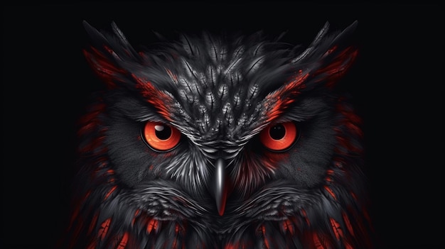 Schwarze Eule mit roten Augen auf schwarzem Hintergrund. Generative KI