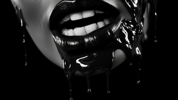 Schwarze Farbe tropft von den schwarzen Lippen, dunkle Flüssigkeit tropft auf den Mund des wunderschönen Modelmädchens.