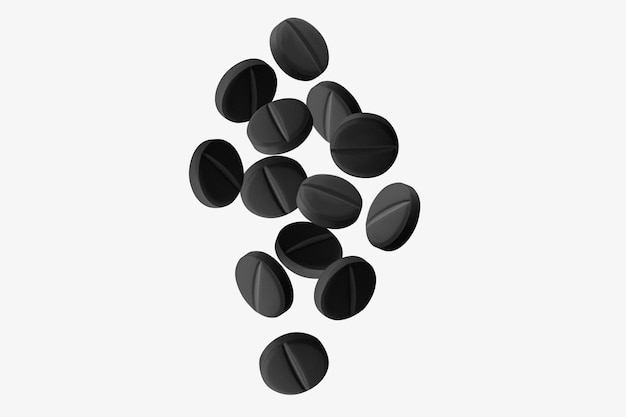 Schwarze fliegende Kapseln, Pillen und Tabletten auf einem hellen Hintergrund