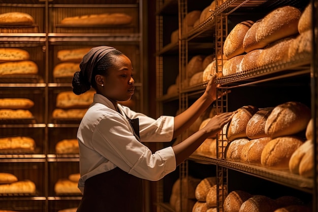 Schwarze Frau arbeitet in einer Bäckerei. Mit KI generiertes Bild