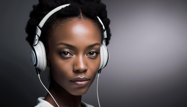 Schwarze Frau auf dunklem Hintergrund mit Kopfhörern generative KI-Technologie