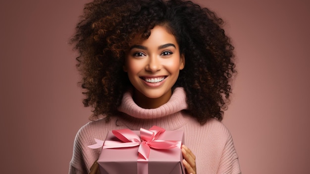 Schwarze Frau aufgeregt mit Geschenkkiste und Feiern besonderes Ereignis und Glück