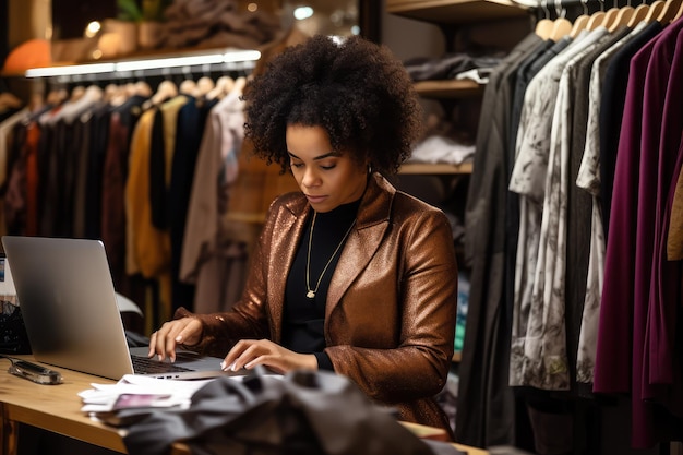 schwarze Frau schreibt in ihrem Laptop in ihrem Kleidungsgeschäft