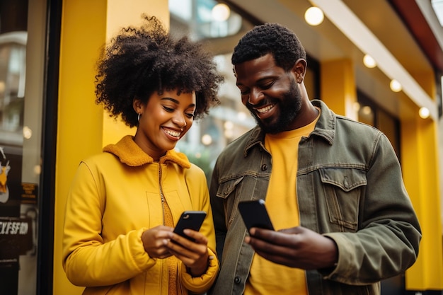 Schwarze Frau und schwarzer Mann mit Telefon auf gelbem Hintergrund
