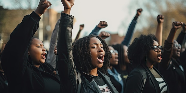 Schwarze Frauen demonstrieren gemeinsam mit erhobenen Armen und Fäusten für Aktivismus in der Gemeinschaft