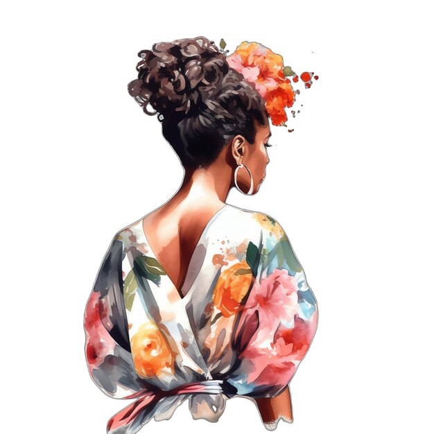 Schwarze Frauen florale Modekleidung, Rückansicht, Aquarell-Illustration