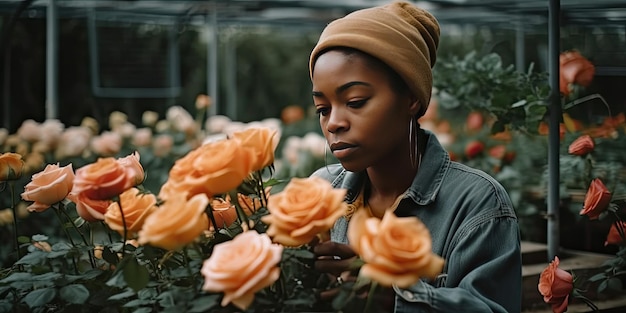 Schwarze Gärtnerin sammelt und pflegt orangefarbene Rosenblumen im Gewächshaus Generative KI