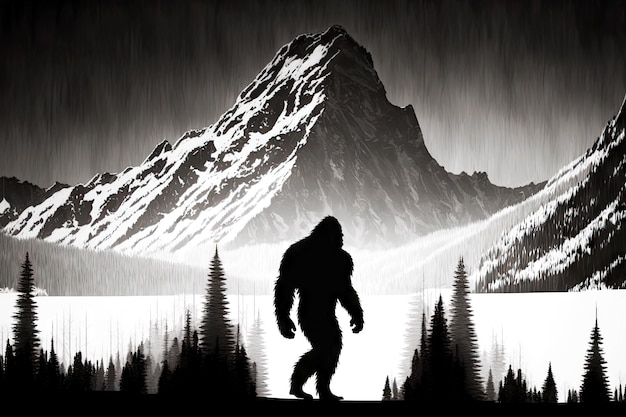 Schwarze gefährliche Silhouette eines riesigen Bigfoot-Monsters vor dem Hintergrund schneebedeckter Berge