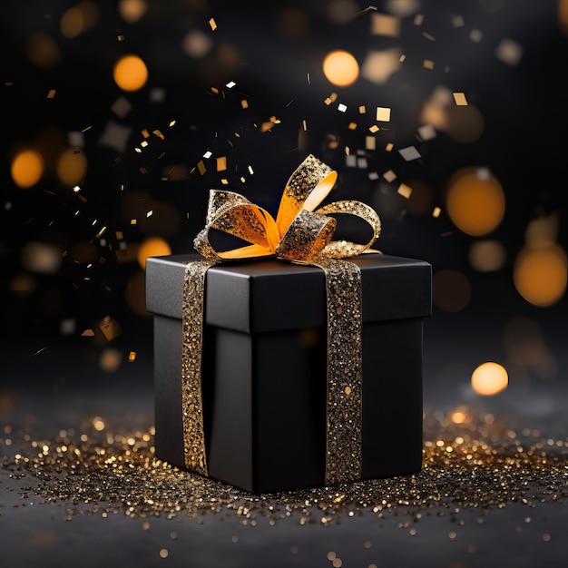 Schwarze Geschenkbox auf schwarzem Hintergrund, bedeckt mit goldenem Glitzer-Goldkonfetti