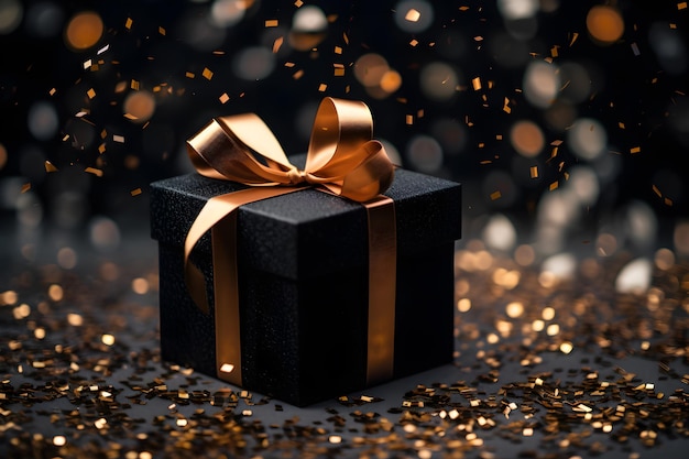 Schwarze Geschenkbox und dunkler Weihnachts-Bokeh-Hintergrund
