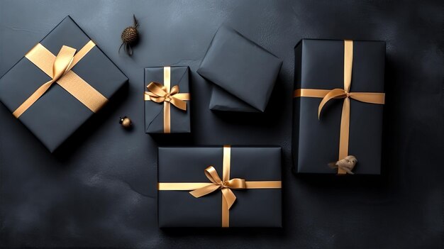 Schwarze Geschenkboxen mit goldenen Bändern und einem goldenen Band.