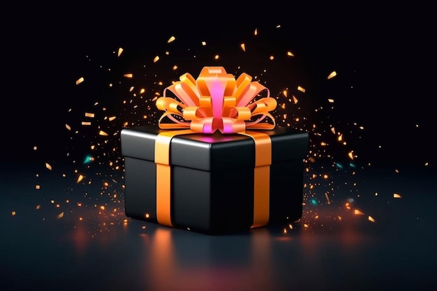 Schwarze Geschenkkiste mit goldenem Band, isoliert auf schwarzem Hintergrund 3D-Illustration einer schwarzen Geschenkkaste mit goldem Band Generative KI