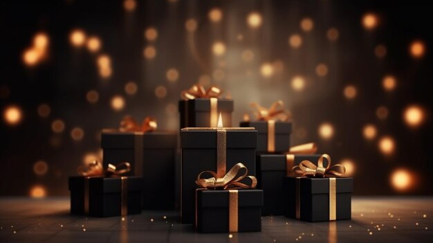Schwarze Geschenkkiste mit goldenem Band und liebevollem Hintergrund
