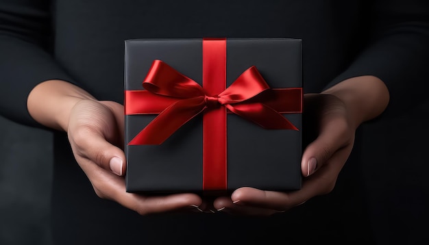 Schwarze Geschenkkiste mit rotem Band für den Schwarzen Freitag