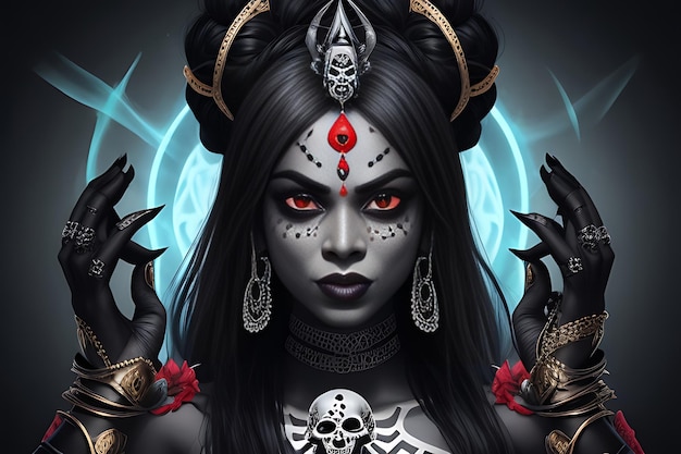 Foto schwarze göttin kali mit einem schädel eine frau mit einer goldenen krone und blumen auf dem kopf