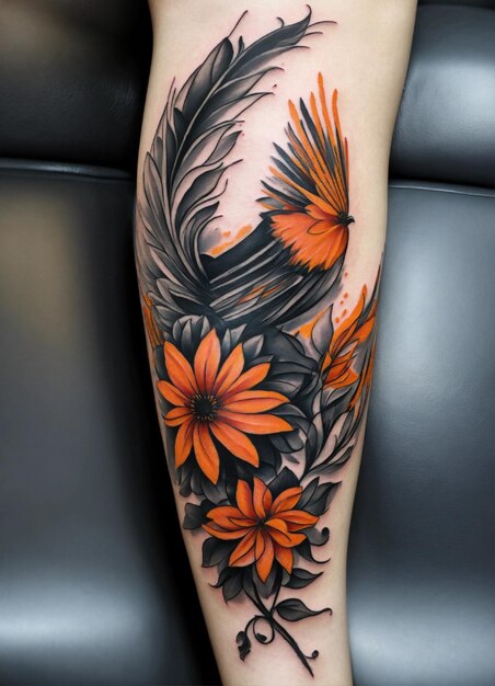 Schwarze graue Phenix abstrakte Blume orange Bein Tattoo