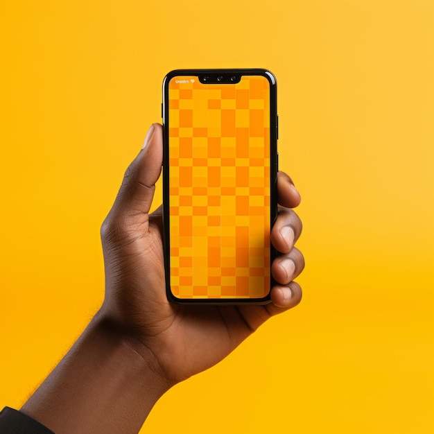 Schwarze Hand hält ein schwarzes Telefon mit einem orangefarbenen und gelben Pixel-Bildschirm