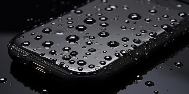 Schwarze Handyhülle mit darauf sitzenden Wassertropfen und einer Oberfläche im Stil hyperrealistischer Details
