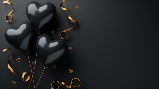 Schwarze Herzballons mit goldenen Bändern auf dunklem Hintergrund