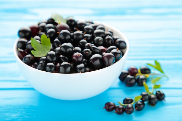 Schwarze Johannisbeere in einer weißen Schüssel auf blauem hölzernem Hintergrund