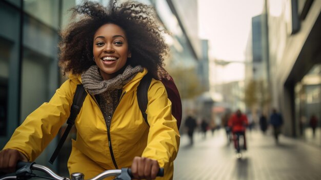 Schwarze junge Content-Schöpferin fährt mit dem Fahrrad durch die Stadt