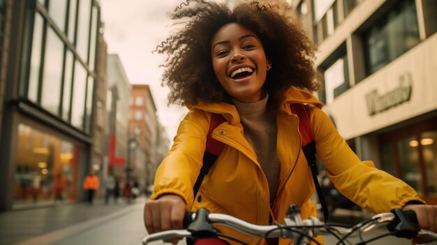 Schwarze junge Content-Schöpferin fährt mit dem Fahrrad durch die Stadt