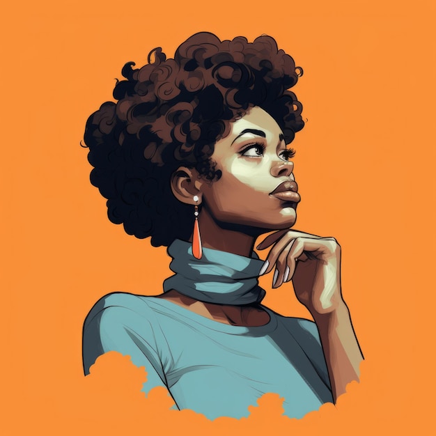 Schwarze junge Frau im Denken und Zweifeln Illustration Weibliche Hipster-Figur mit träumigem Gesicht auf abstraktem Hintergrund Ai generiert hell gezeichnetes farbenfrohes Poster