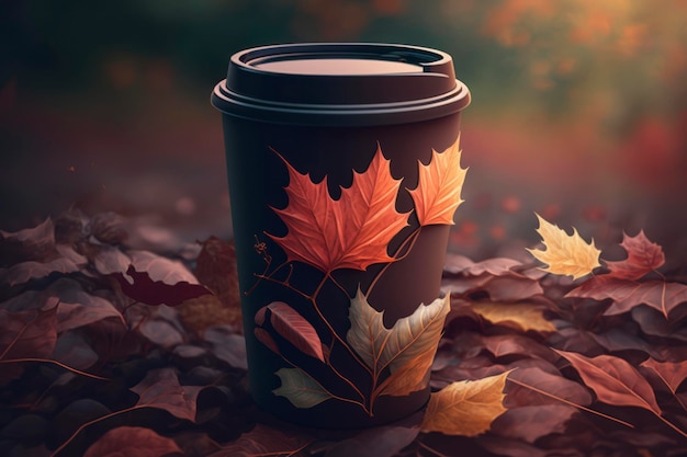 Schwarze Kaffeetasse mit Kaffee im Herbst