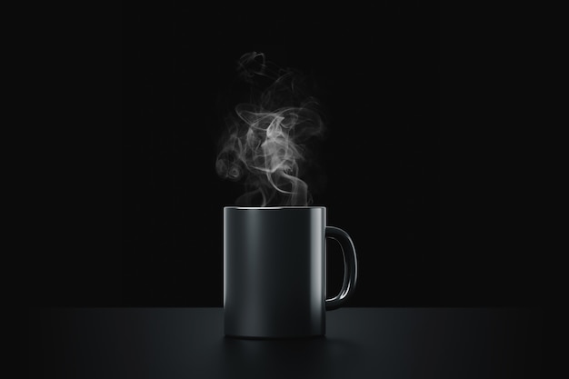 Schwarze kaffeetasse oder leere tasse für getränk auf dunklem rauchhintergrund