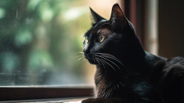 Schwarze Katze am Fensterbrett