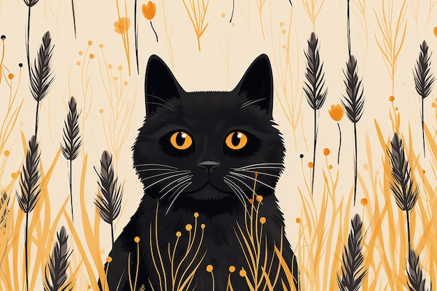 Schwarze Katze blickt direkt auf Vintage-Minimalhintergrund