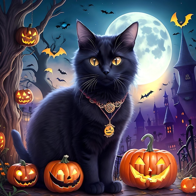 Schwarze Katze Halloween Ai Generative Hexe