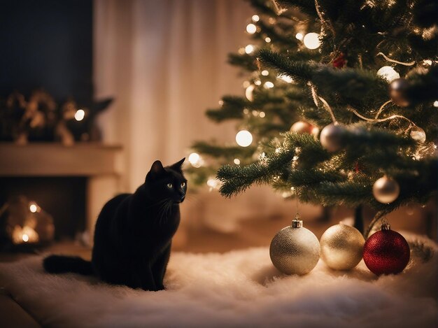 Schwarze Katze im Weihnachtsbaum