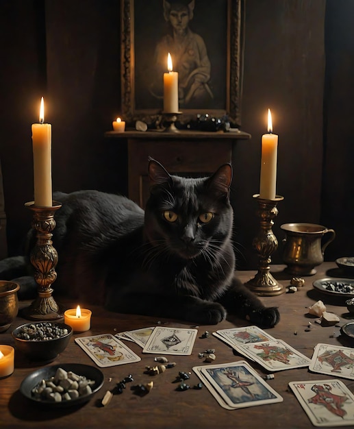 schwarze Katze Magier Tarot Leser Karten