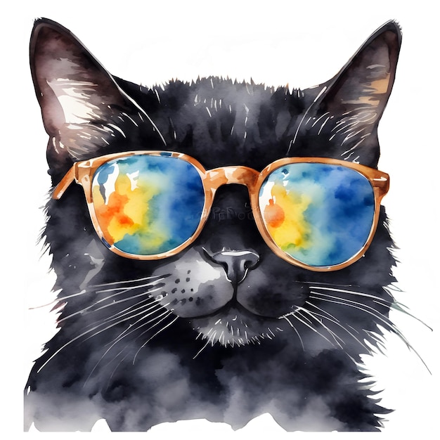 Schwarze Katze mit farbiger Sonnenbrille Akwarell handgemalte isolierte Illustration auf weißem Hintergrund