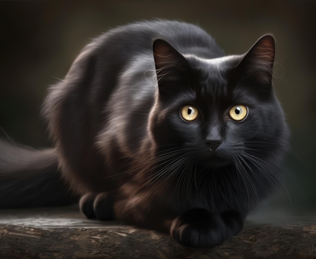 Schwarze Katze mit gelben Augen auf schwarzem Hintergrund, erstellt mit generativer KI-Technologie