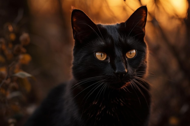 Schwarze Katze mit gelben Augen in der Abenddämmerung