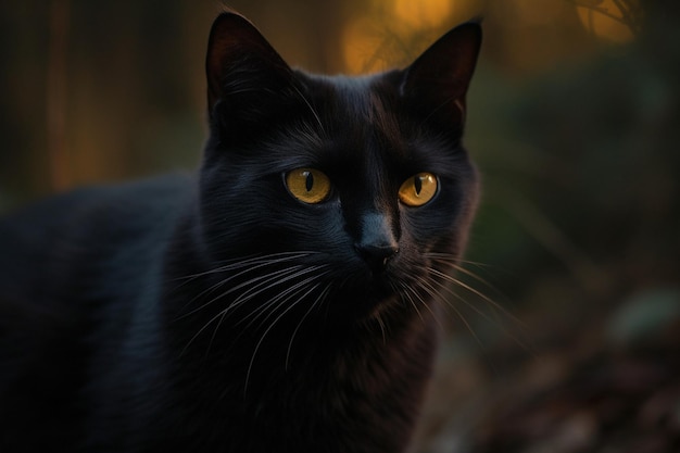 Schwarze Katze mit gelben Augen in der Abenddämmerung