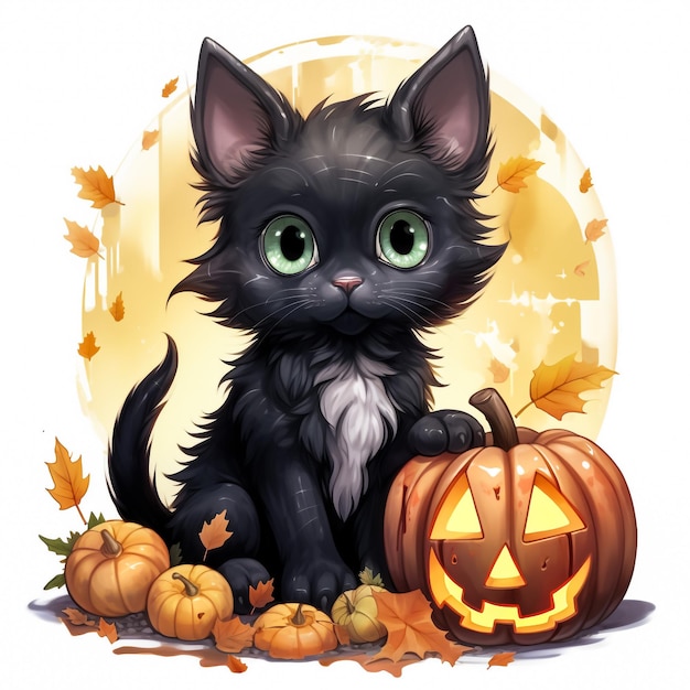 Schwarze Katze mit Halloween-Kürbis isoliert auf weißem Hintergrund, Vektorillustration