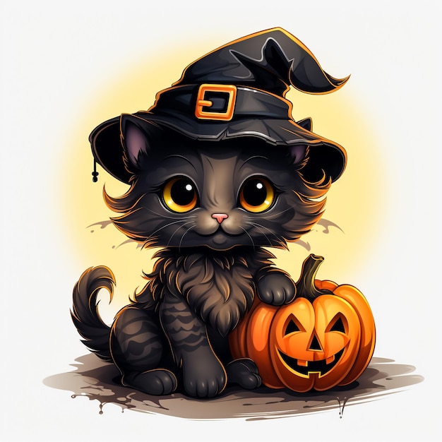 Schwarze Katze mit Kürbissen Halloween-Illustration