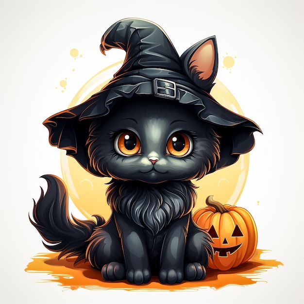 Schwarze Katze mit Kürbissen Halloween-Illustration