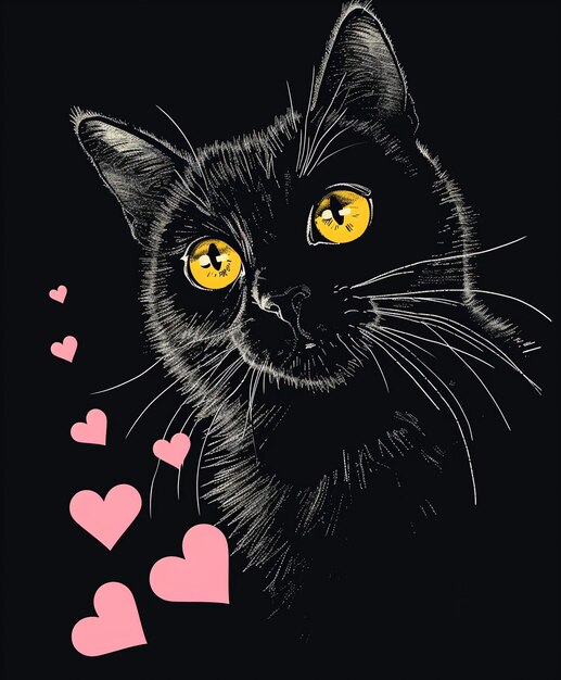 Schwarze Katze mit leuchtend gelben Augen und rosa Herzen