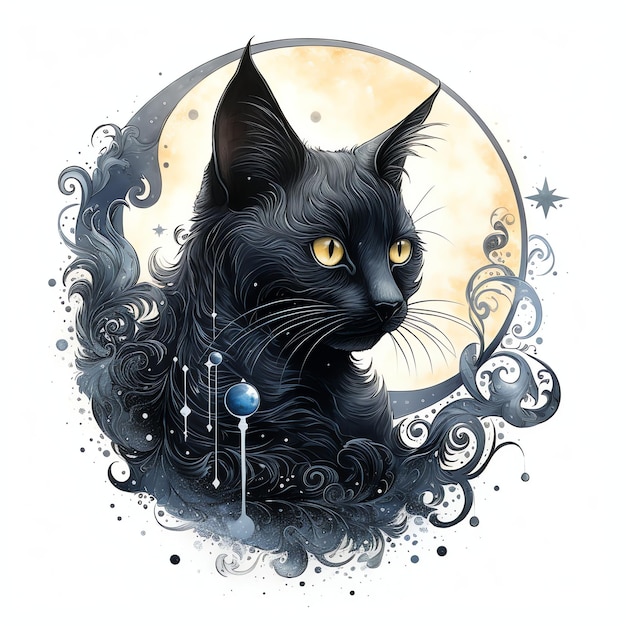 Foto schwarze katze mit mond-aquarell-illustration für das kinderzimmer