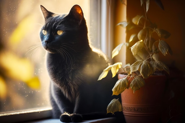 Schwarze Katze sitzt auf der Fensterbank neben einer Topfpflanze. Generative KI
