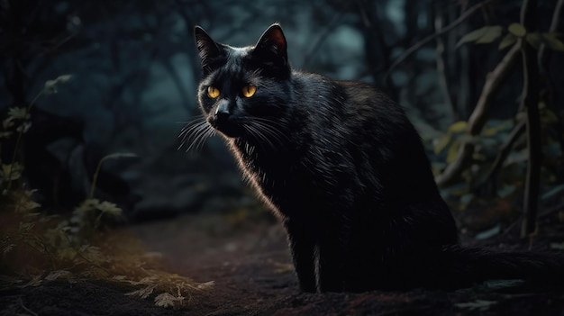 Schwarze Katze sitzt im dunklen Wald. Generative KI