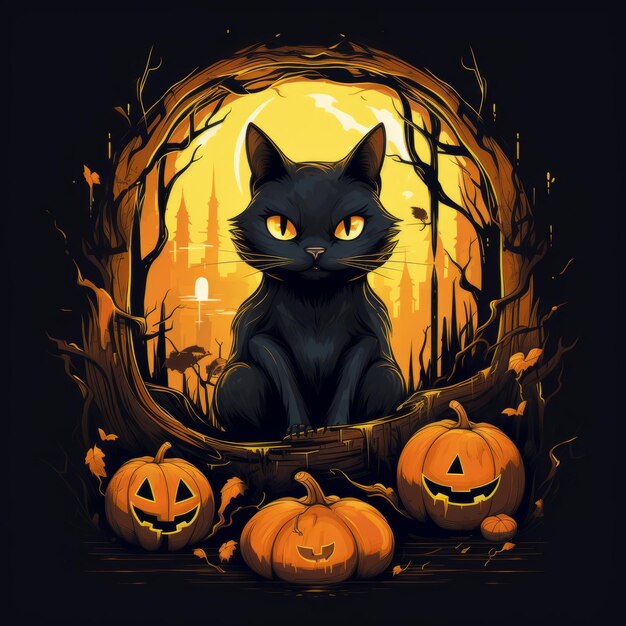 Foto schwarze katze sitzt in einem halloween-kürbis